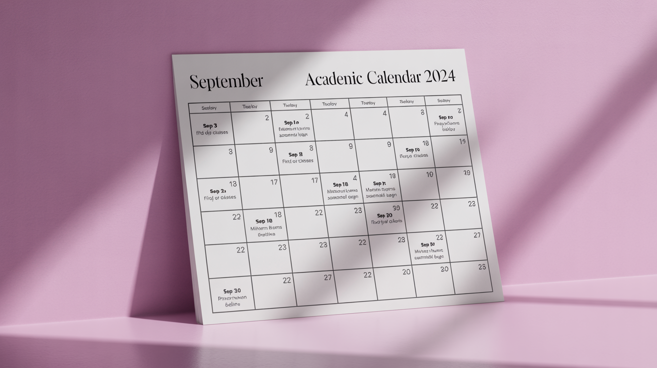A professional mockup of a clean, modern academic calendar for September, showing key dates like 'First Day of Classes' and 'Midterm Exams Begin' on a white background.