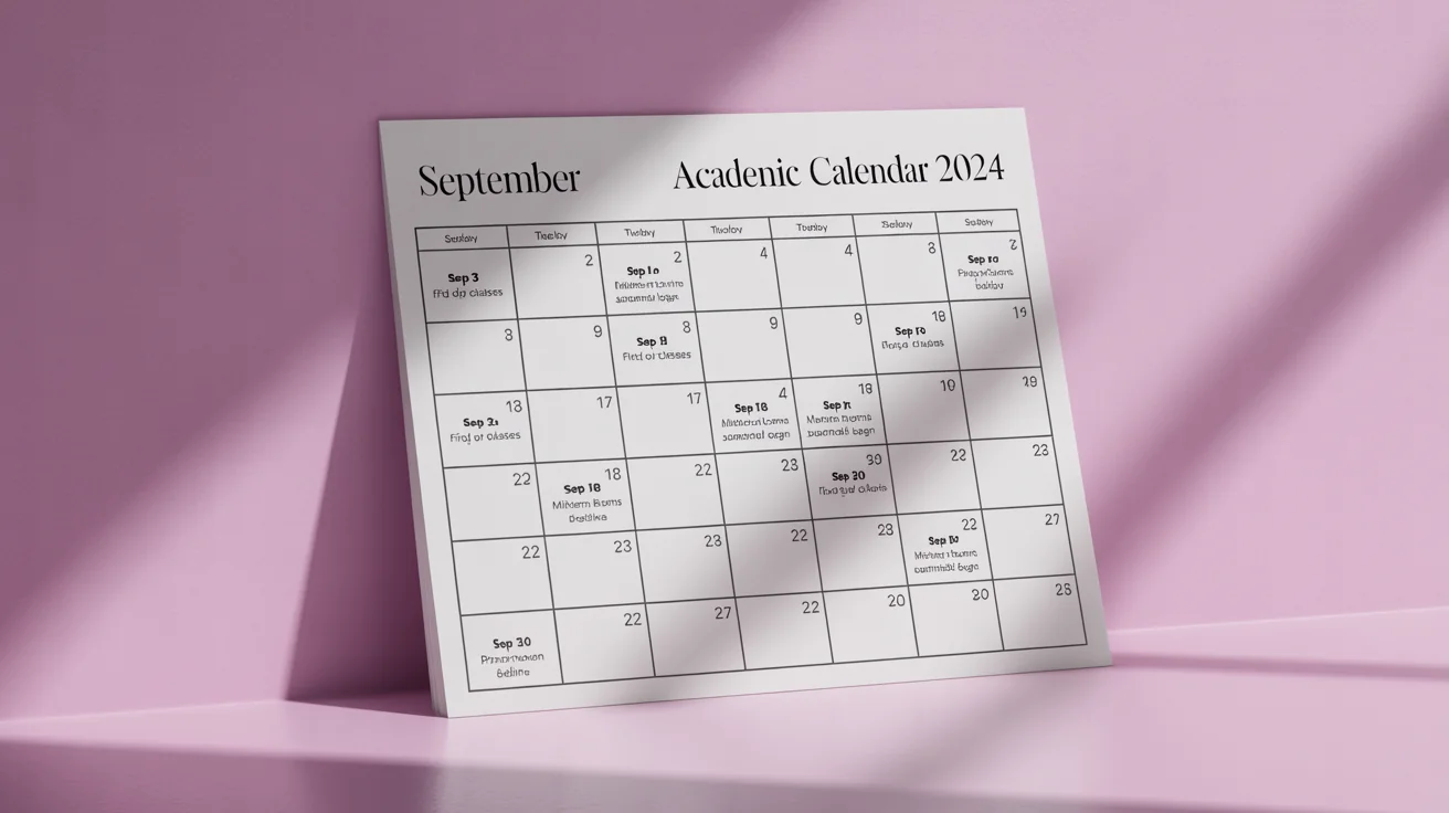 A professional mockup of a clean, modern academic calendar for September, showing key dates like 'First Day of Classes' and 'Midterm Exams Begin' on a white background.