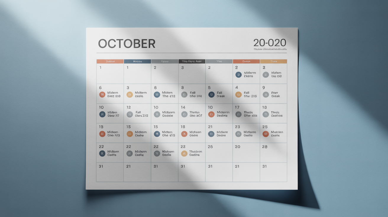 A mockup of a modern academic calendar page for October, displayed on a white background. Key dates for midterm exams, fall break, and thesis submission are clearly marked.