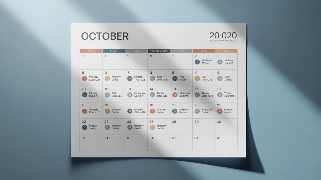 A mockup of a modern academic calendar page for October, displayed on a white background. Key dates for midterm exams, fall break, and thesis submission are clearly marked.