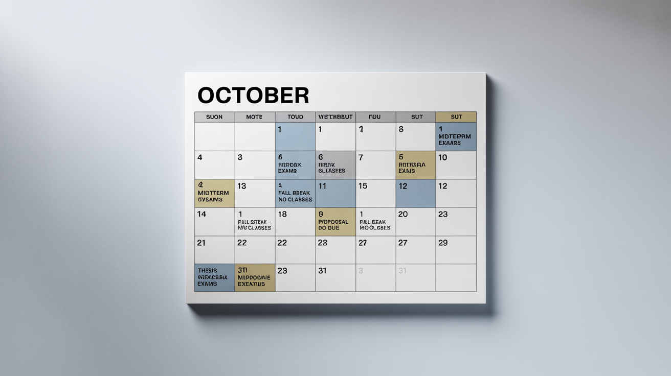 A mockup of a modern, clean academic calendar page for the month of October, with key dates like 'Midterm Exams' and 'Fall Break' clearly marked.