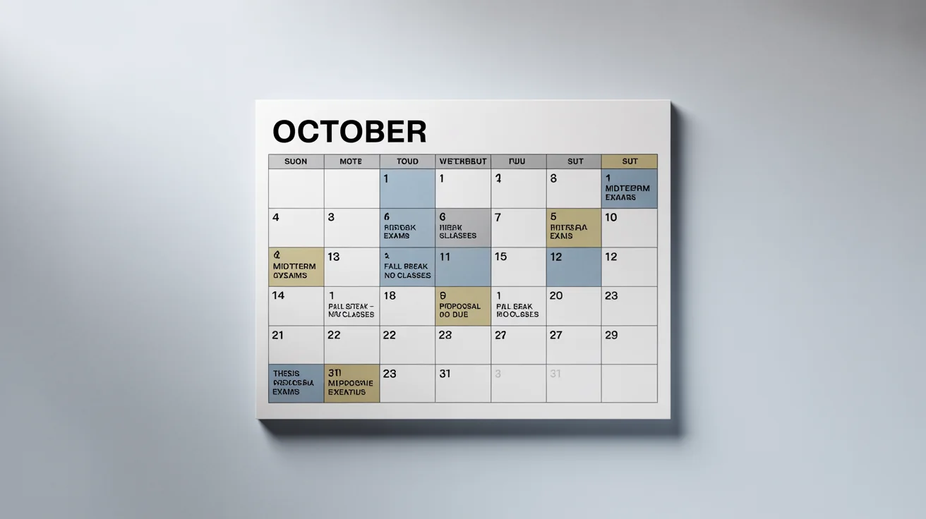 A mockup of a modern, clean academic calendar page for the month of October, with key dates like 'Midterm Exams' and 'Fall Break' clearly marked.