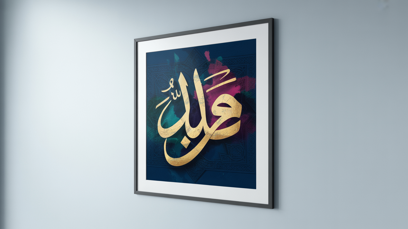A framed piece of modern Arabic calligraphy art on a gallery wall. The artwork features the Arabic word for 'Art' in gold foil against a dark blue background with teal and magenta accents.