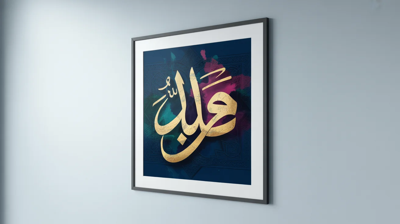 A framed piece of modern Arabic calligraphy art on a gallery wall. The artwork features the Arabic word for 'Art' in gold foil against a dark blue background with teal and magenta accents.