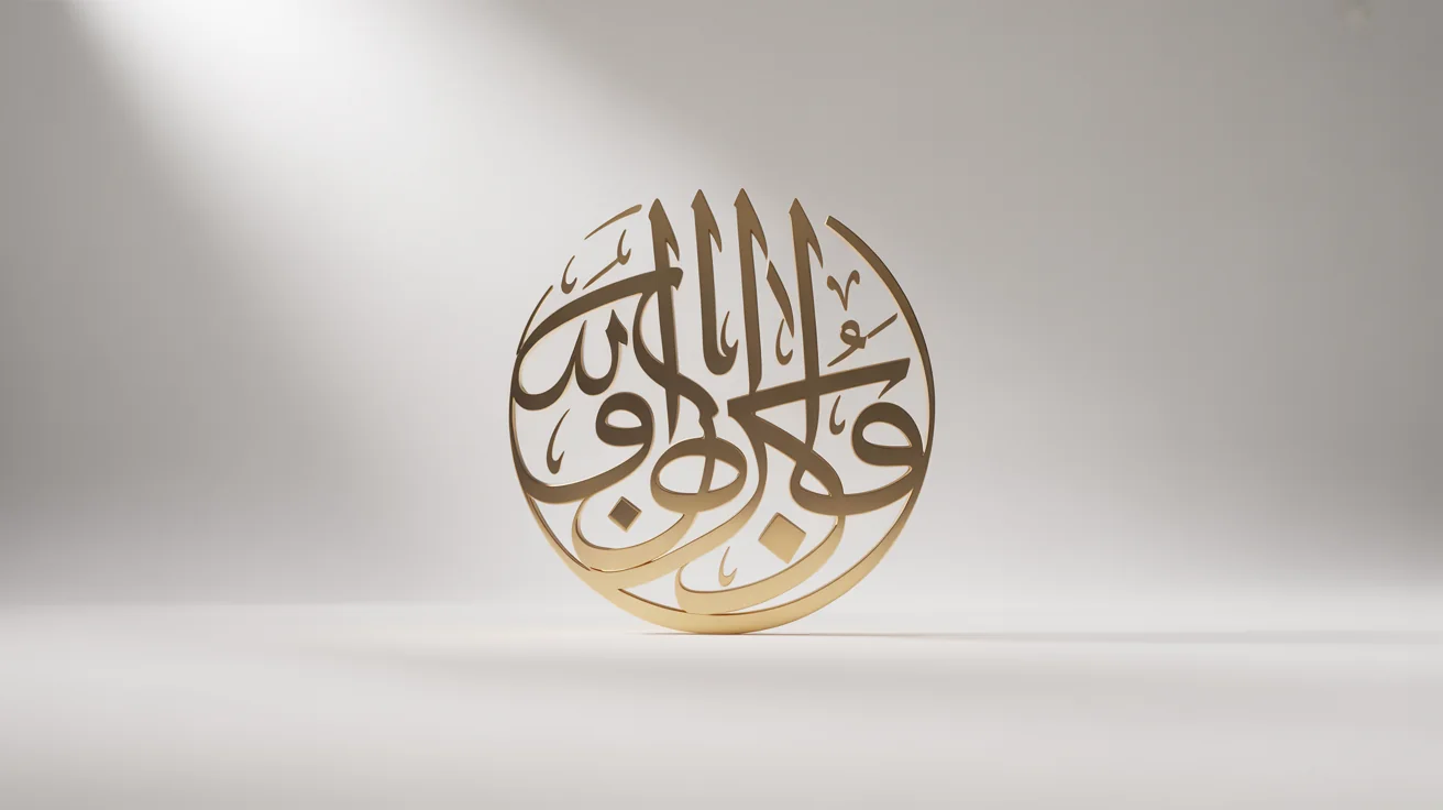 A modern piece of Arabic text art featuring golden, 3D calligraphy in a circular pattern against a clean white background, representing artistic and elegant design.