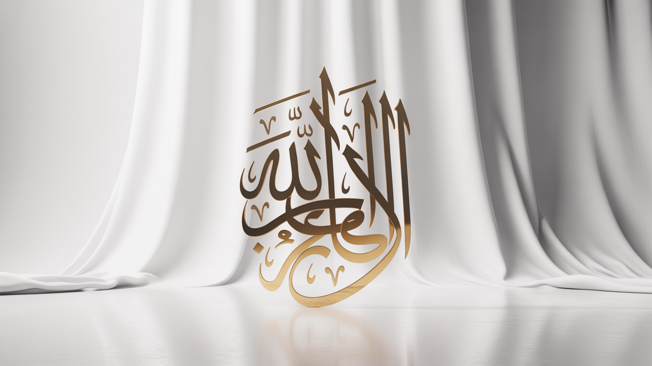 A minimalist mockup of modern Arabic text art, showing the phrase 'The Beautiful Art' in elegant, golden Thuluth calligraphy centered on a pure white background.