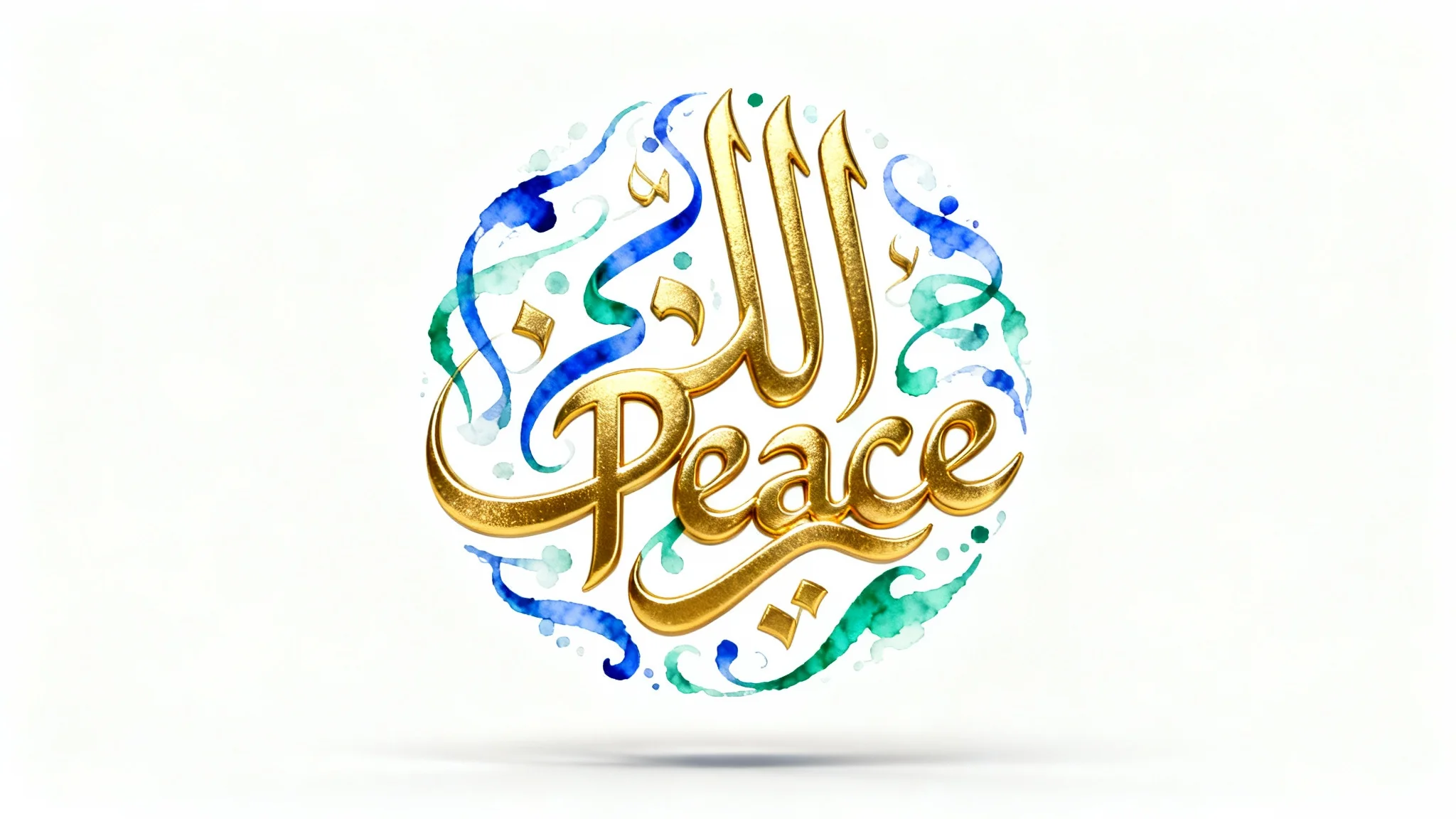 A contemporary piece of Arabic calligraphy art featuring an Arabic word for 'Peace' in embossed gold, intertwined with blue and green watercolor, on a white background.