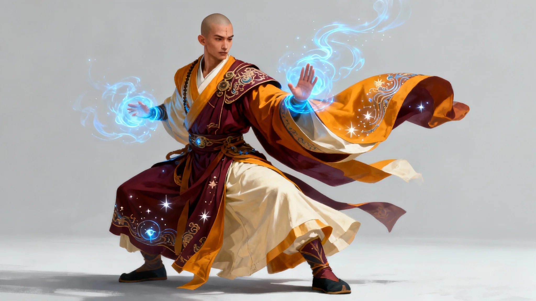 A full-body character design of a fantasy monk in a 16:9 aspect ratio. The monk is wearing ornate saffron and ivory robes and is shown channeling blue energy against a clean studio background, representing a finished character concept.