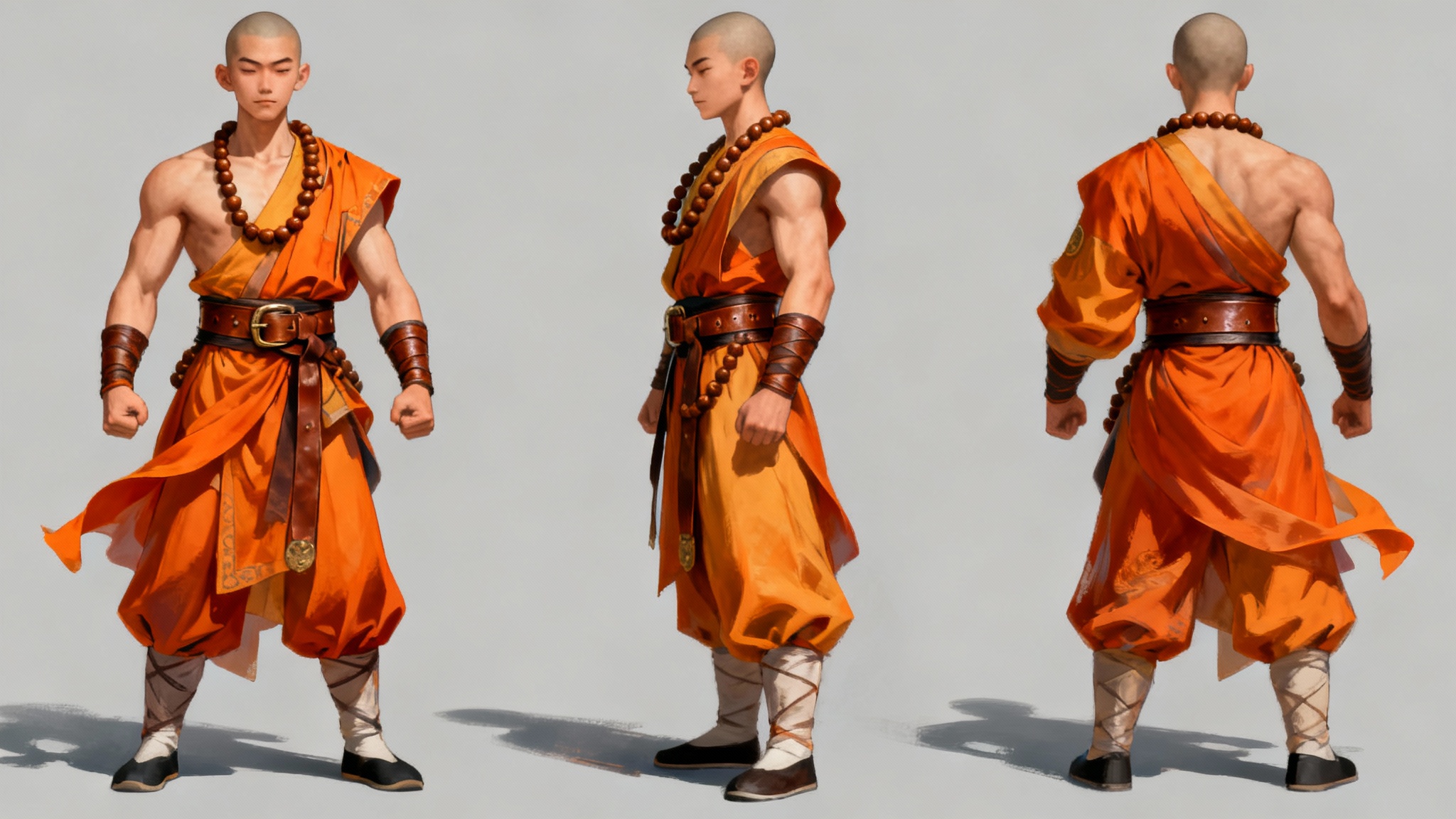 A digital concept art sheet of a young martial arts monk, showing the character design from the front, side, and back against a plain light gray background.