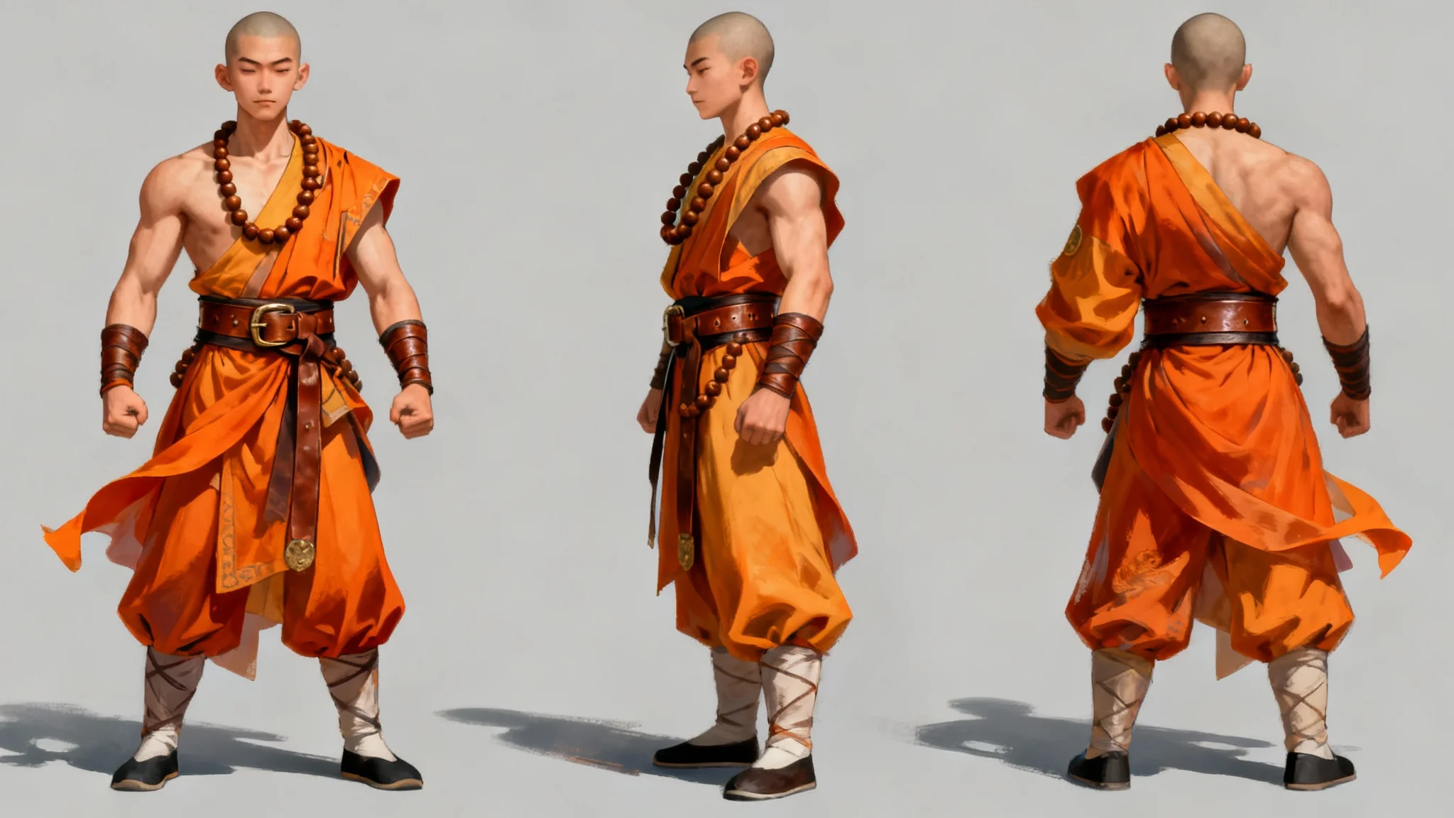 A digital concept art sheet of a young martial arts monk, showing the character design from the front, side, and back against a plain light gray background.