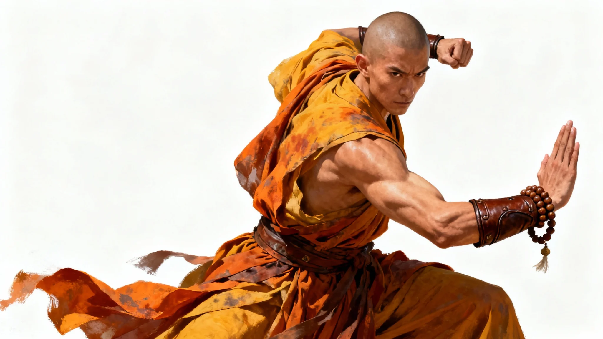 A full-body concept art design of a fantasy monk in a dynamic martial arts pose against a clean white background, showcasing their detailed robes and focused expression.