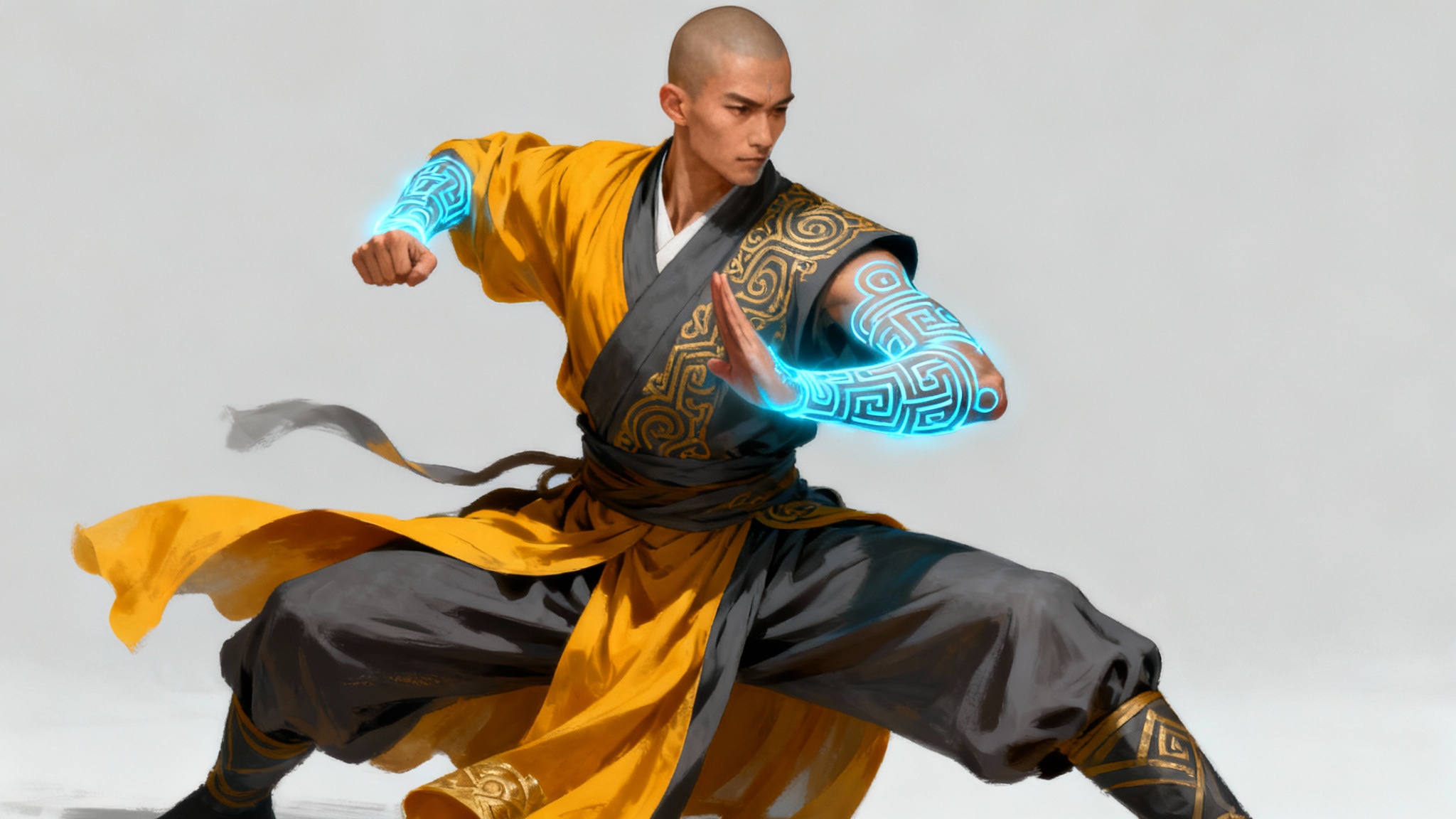 A full-body concept art illustration of a male fantasy monk in a dynamic martial arts pose. He is wearing saffron and grey robes and has glowing blue tattoos on his arms, set against a plain light background.