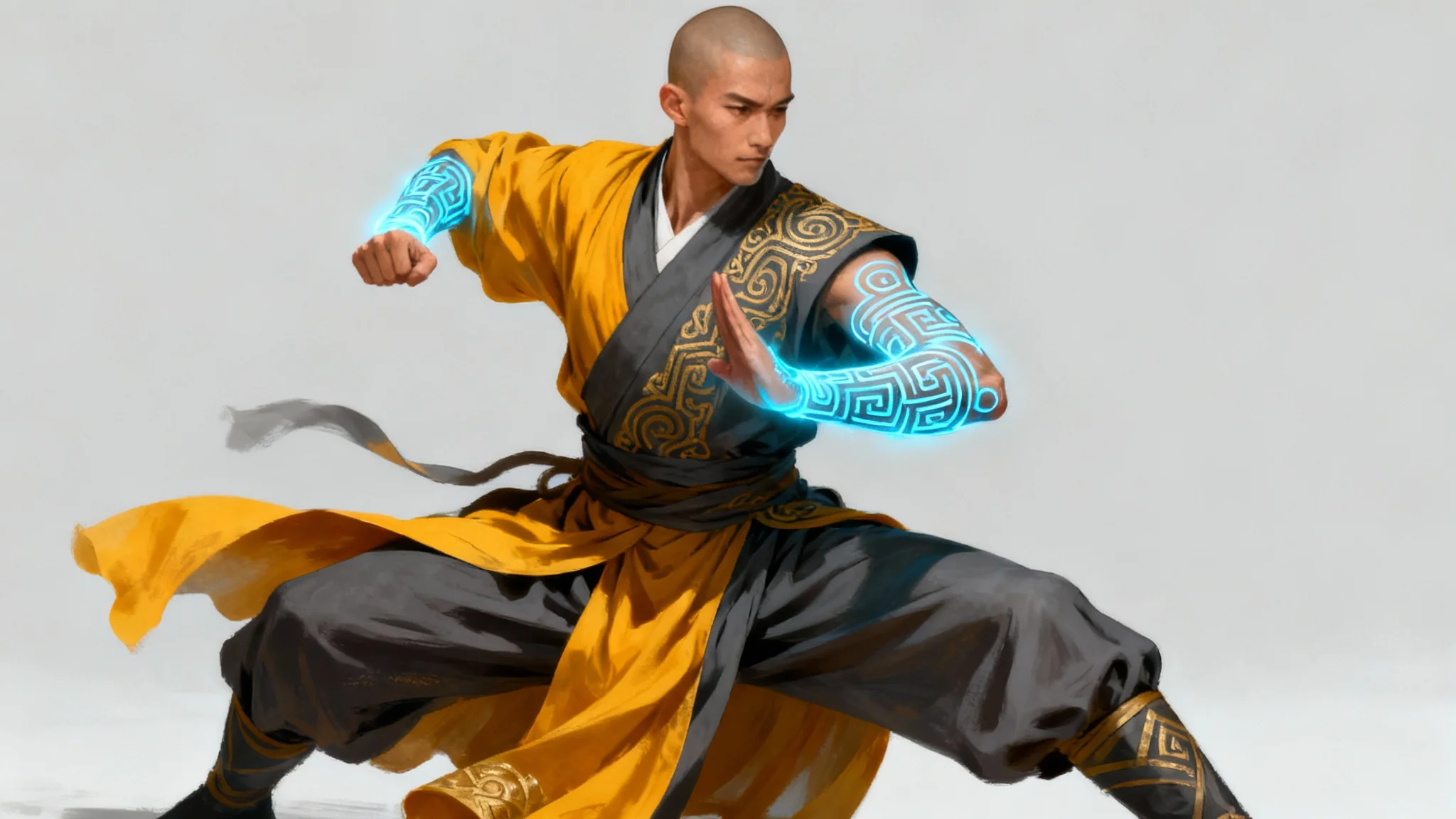 A full-body concept art illustration of a male fantasy monk in a dynamic martial arts pose. He is wearing saffron and grey robes and has glowing blue tattoos on his arms, set against a plain light background.