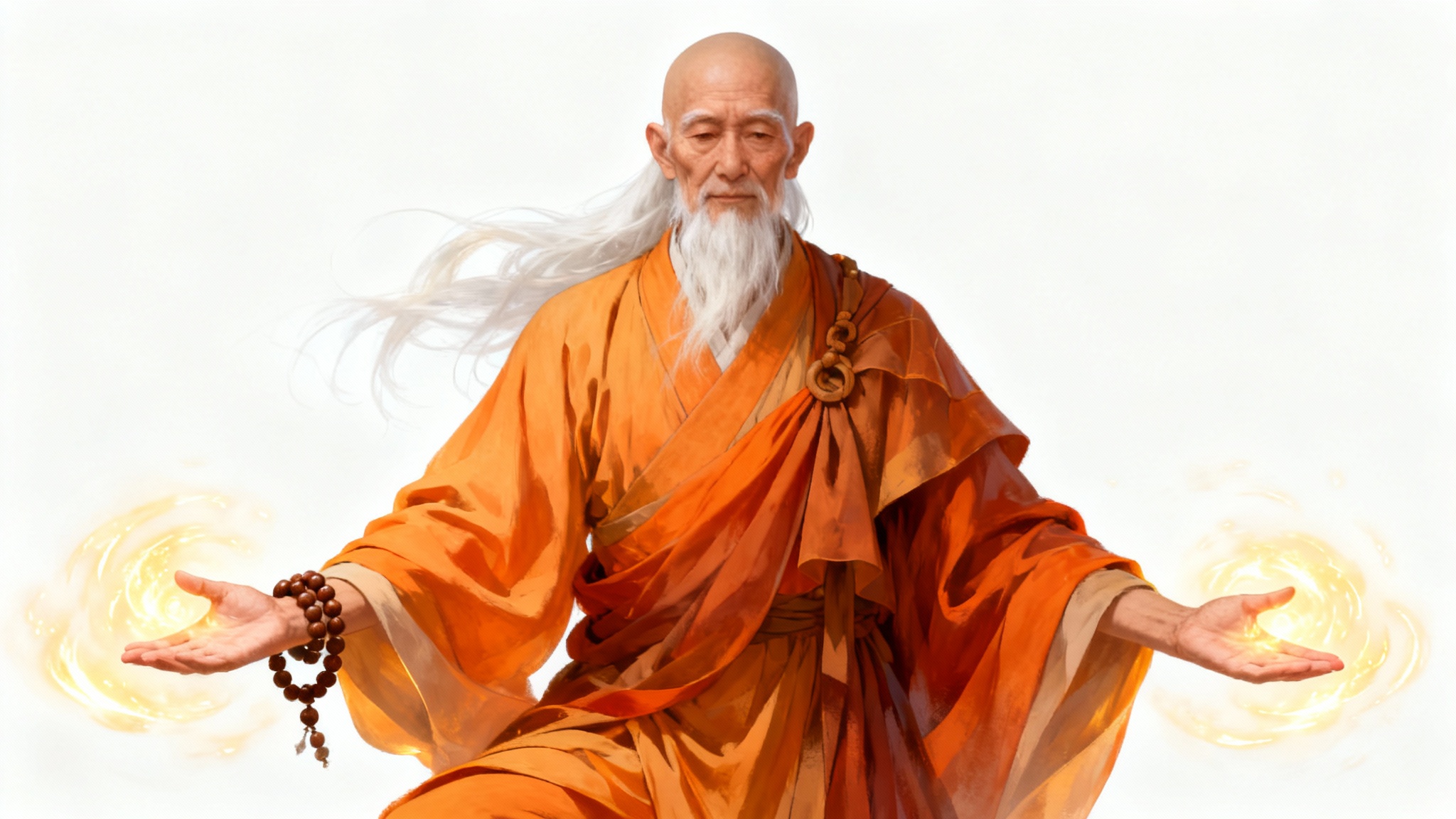 A full-body digital painting of an elderly Asian monk character. He has a long white beard, saffron robes, and stands in a calm pose against a white background, with a soft golden glow around him.