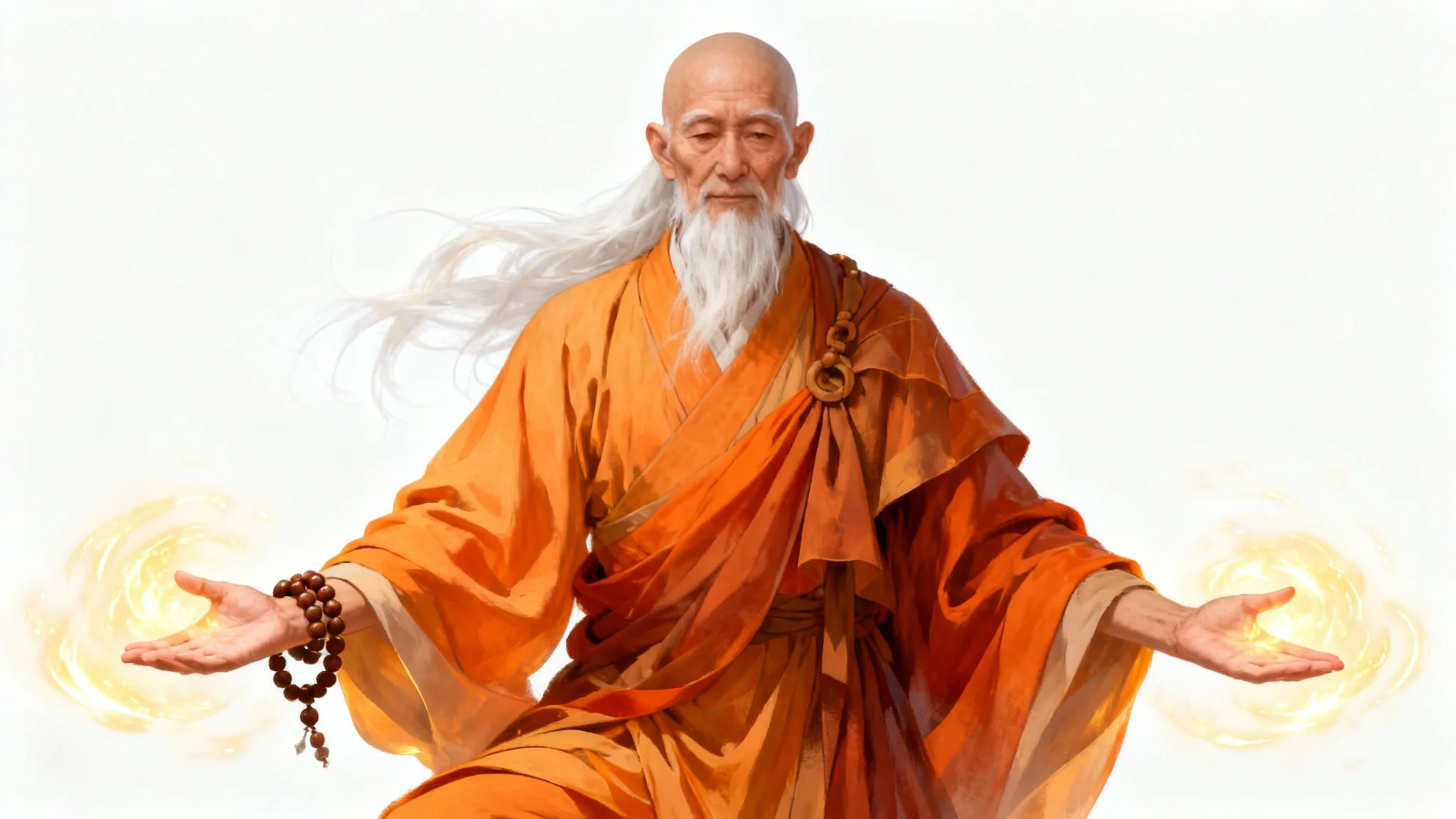 A full-body digital painting of an elderly Asian monk character. He has a long white beard, saffron robes, and stands in a calm pose against a white background, with a soft golden glow around him.