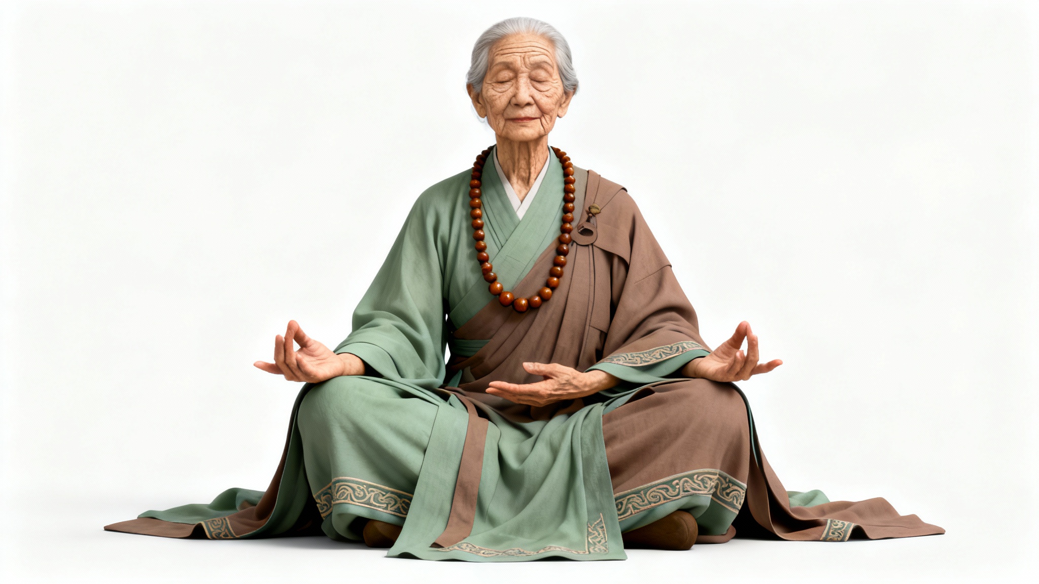 A character design concept art of an elderly female monk in a meditative pose, wearing green and brown robes against a white background.
