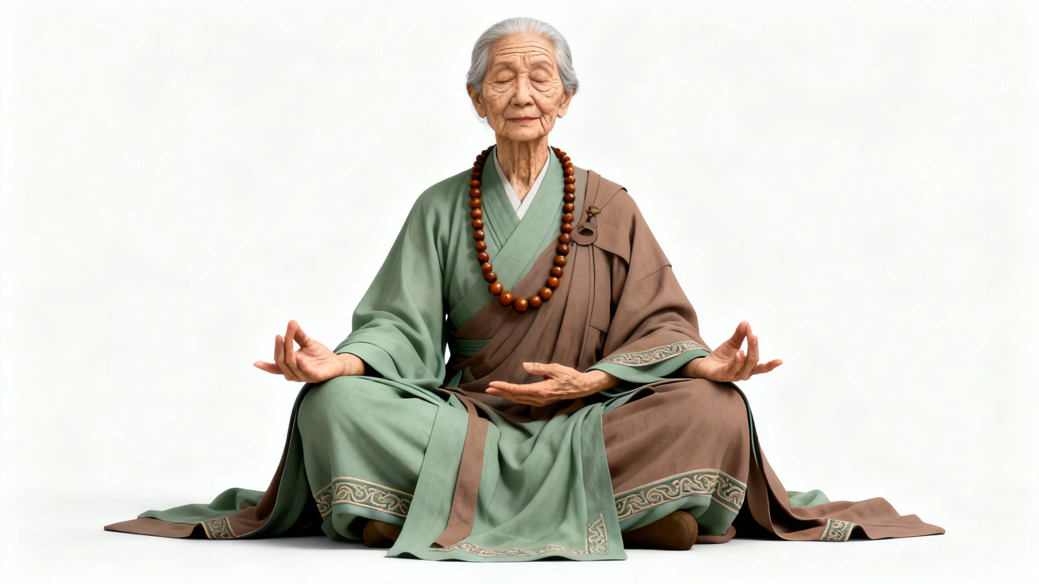 A character design concept art of an elderly female monk in a meditative pose, wearing green and brown robes against a white background.