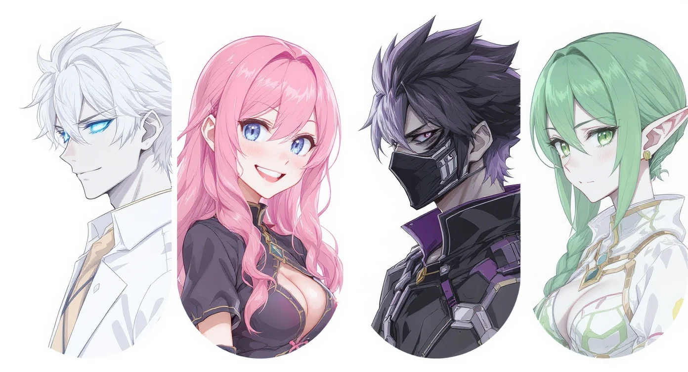 A collage of four different anime-style profile pictures against a white background, showcasing a variety of characters and artistic styles, including a silver-haired boy and a pink-haired girl.