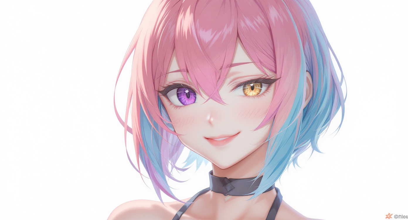 A close-up, anime-style digital portrait of a woman with pink and blue hair and two different colored eyes, one purple, one gold. She has a confident expression and is set against a solid white background.