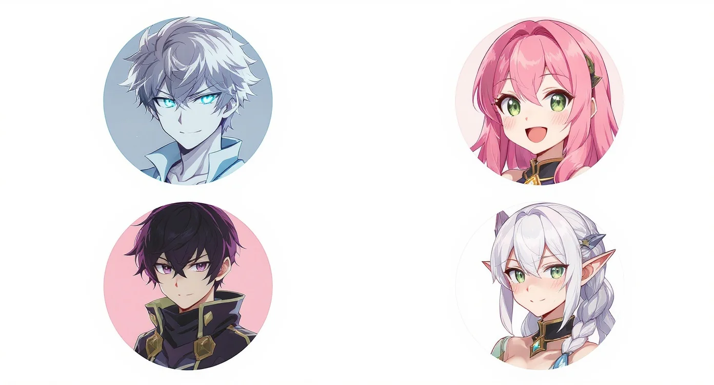 A grid of four different anime-style profile pictures, each showing a unique character: a man with silver hair, a girl with pink hair, an androgynous character, and a fantasy elf.