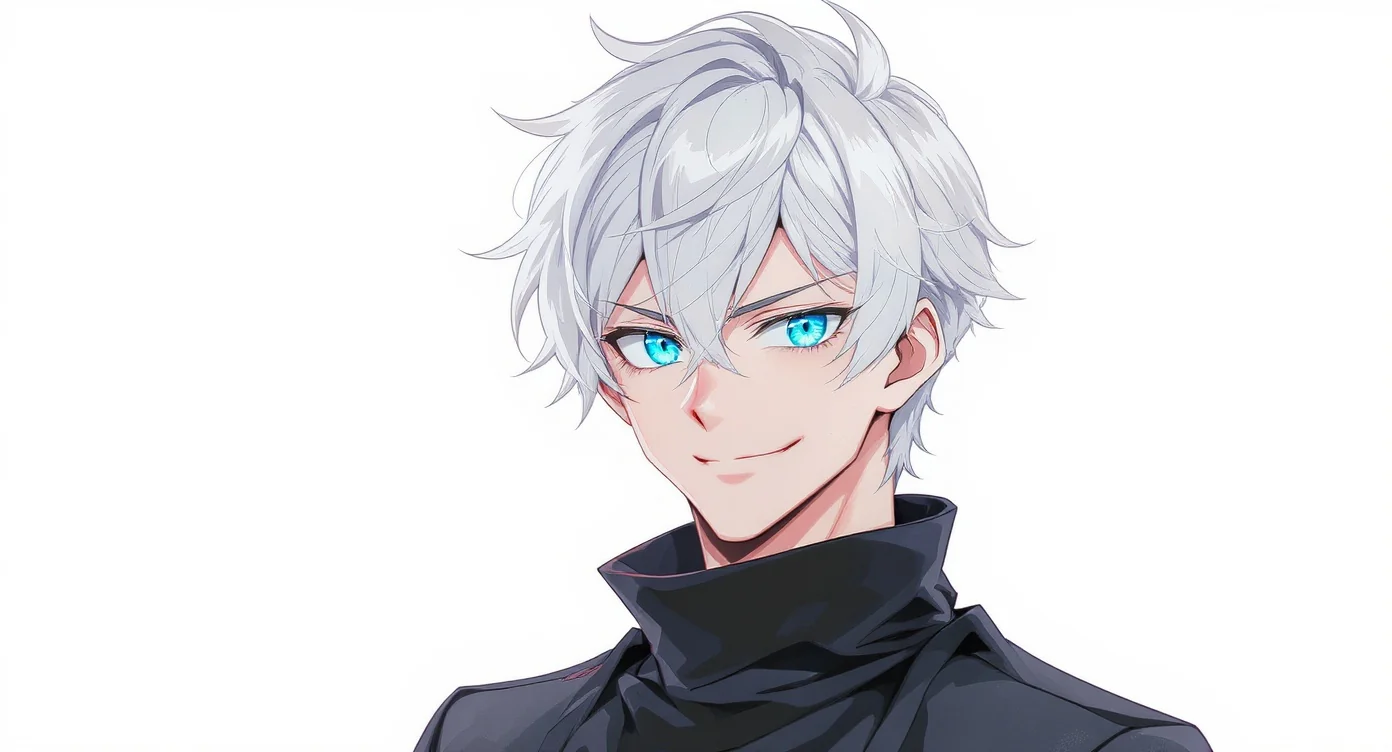 An anime-style profile picture featuring a bust-up shot of a young man with silver-white hair and bright cyan eyes, smirking against a plain white background.