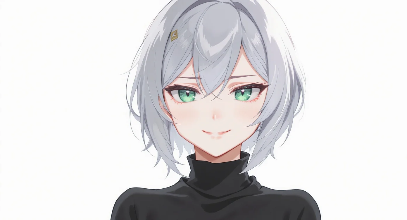 An anime-style profile picture of a young woman with short silver hair and brilliant green eyes, giving a confident smirk against a plain off-white background.