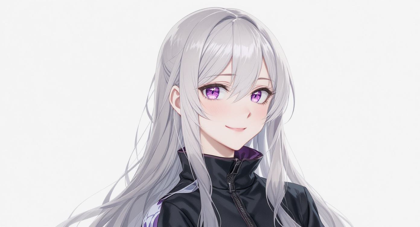 A close-up, anime-style profile picture of a young woman with long silver hair and vibrant purple eyes, smiling confidently against a plain white background.