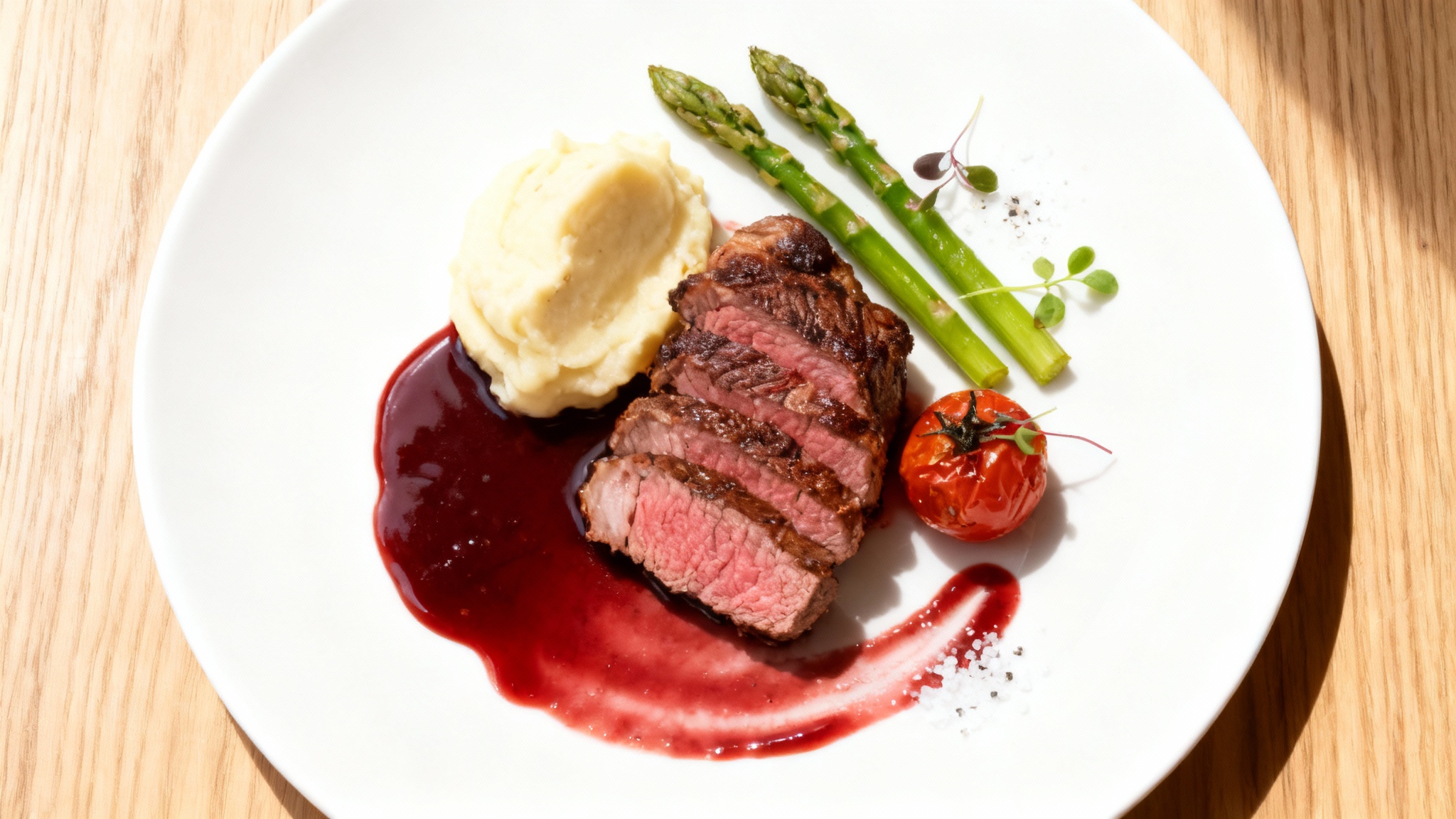 An overhead shot of a perfectly plated filet mignon dish, artistically arranged with potato puree, asparagus, and a red wine reduction on a white plate, showcasing a final food design.