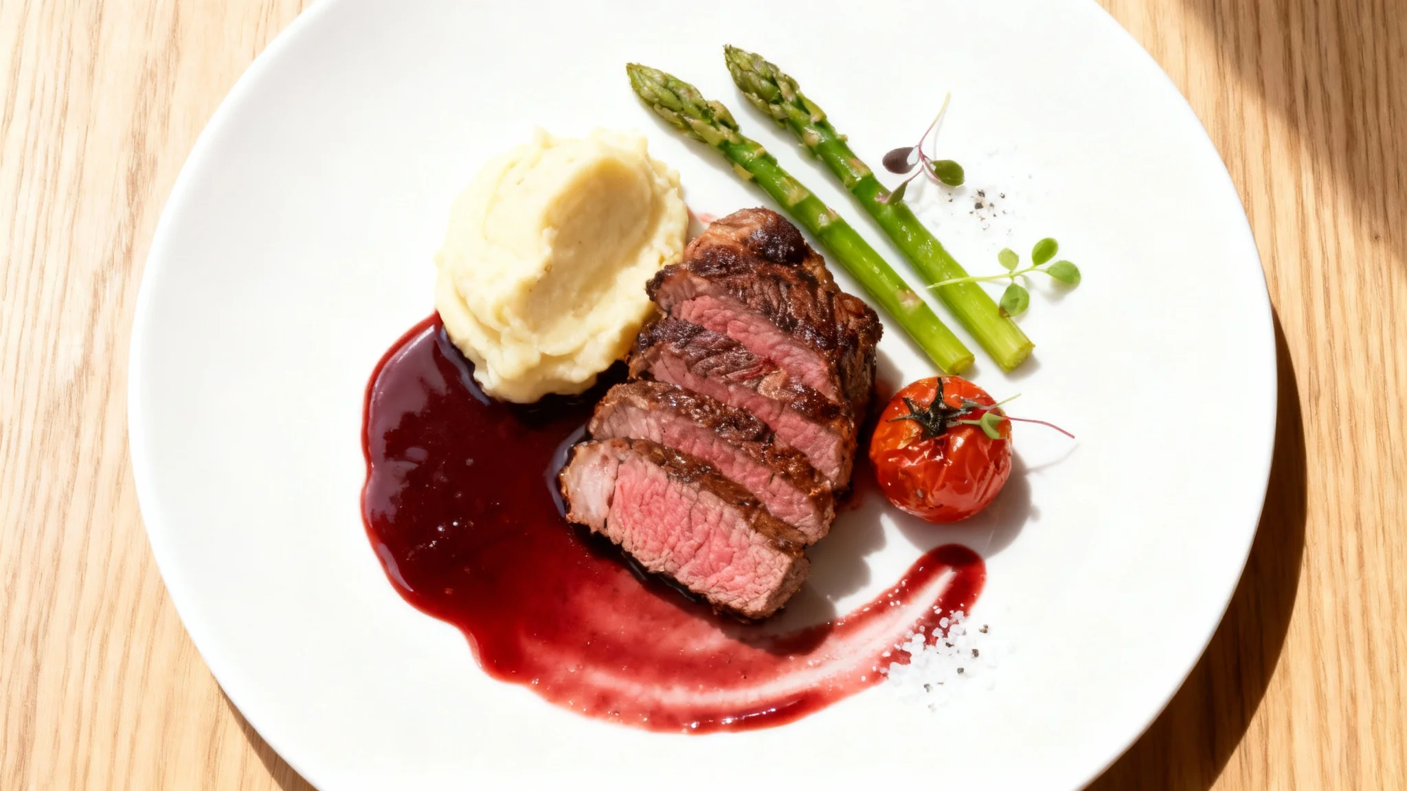 An overhead shot of a perfectly plated filet mignon dish, artistically arranged with potato puree, asparagus, and a red wine reduction on a white plate, showcasing a final food design.