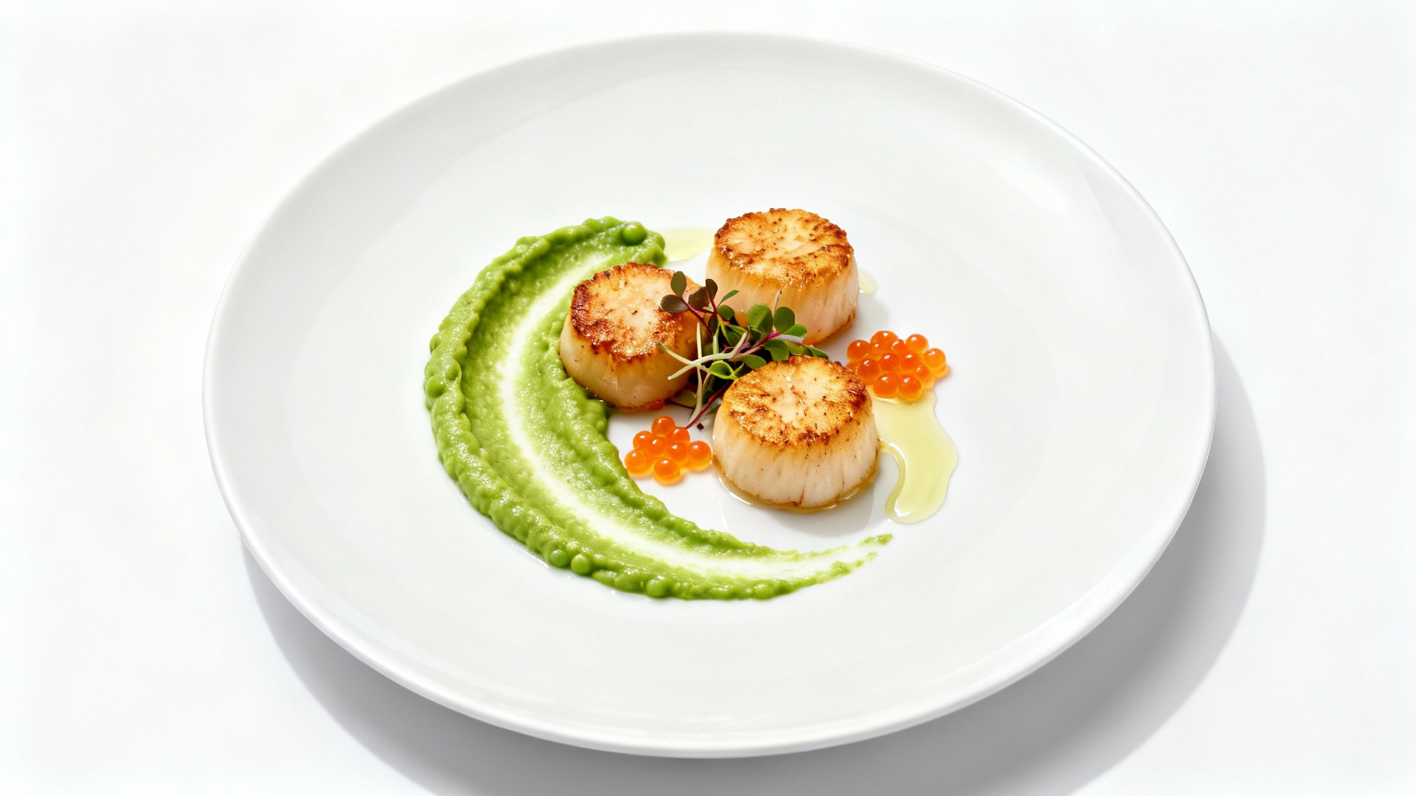 An overhead view of a beautifully plated gourmet dish on a white background, featuring seared scallops, a swoosh of green puree, and delicate garnishes.