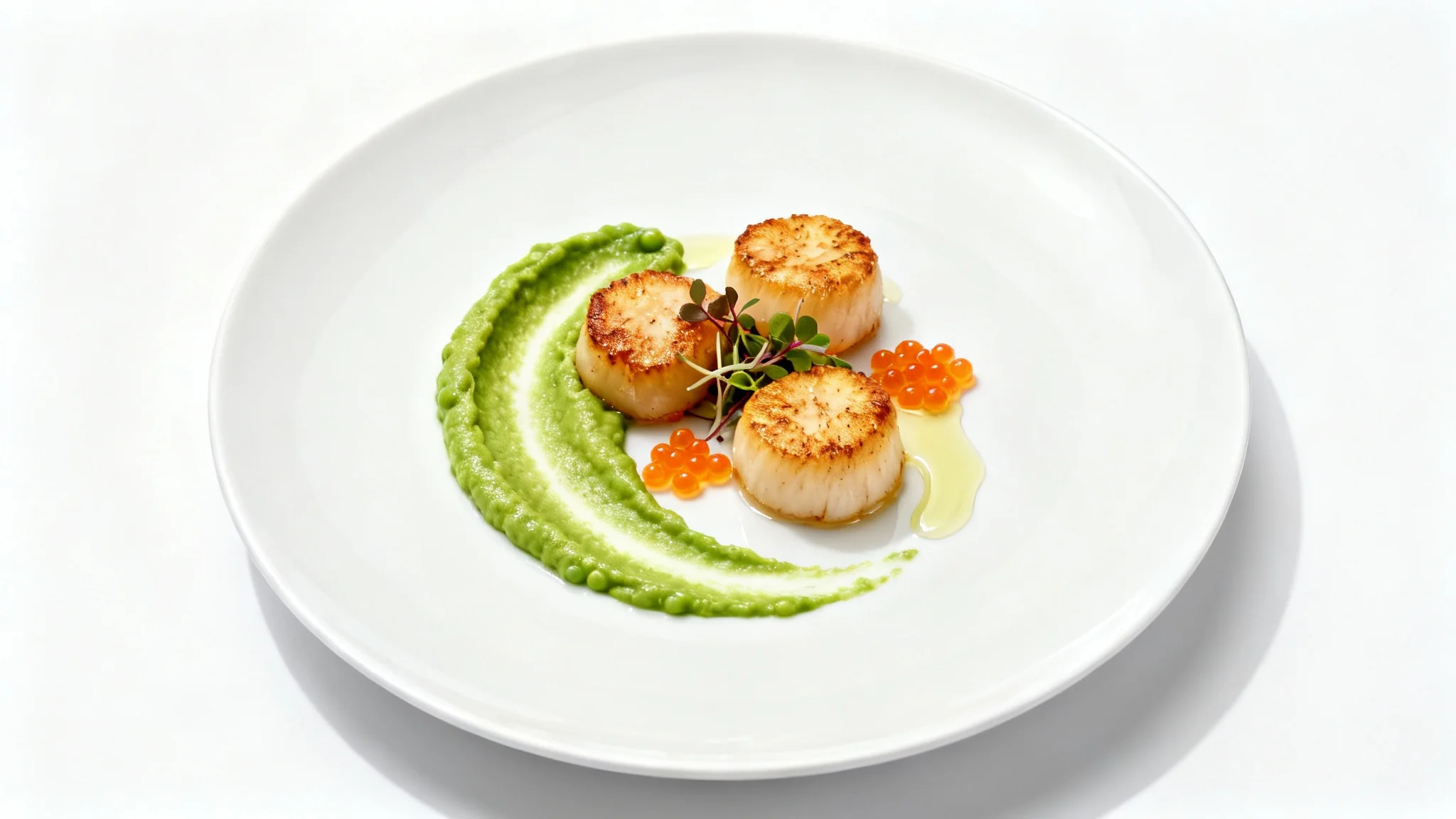 An overhead view of a beautifully plated gourmet dish on a white background, featuring seared scallops, a swoosh of green puree, and delicate garnishes.