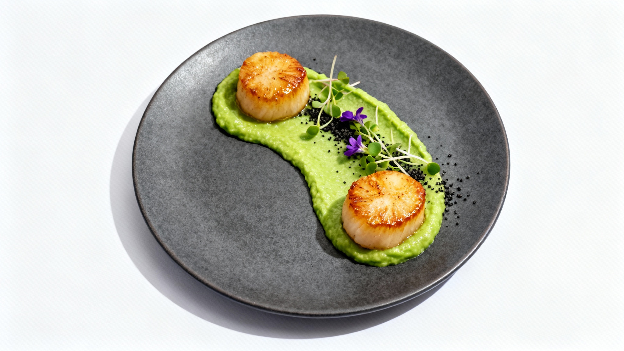 A top-down photograph of a gourmet dish, featuring three seared scallops on a swoosh of green puree, garnished with microgreens and edible flowers on a dark plate, set against a plain white background.