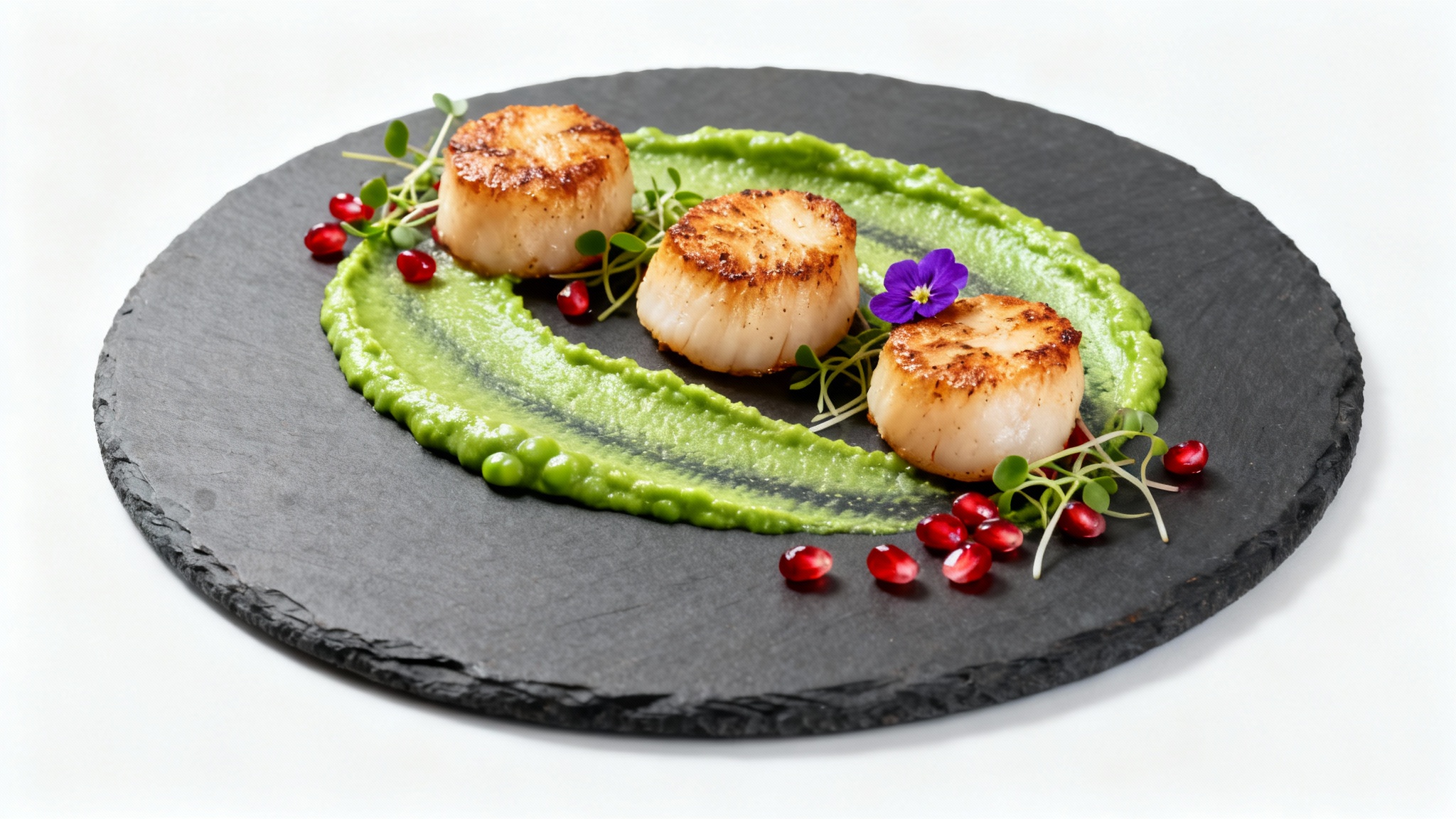 A top-down photo of a gourmet dish, demonstrating food plating design. Three seared scallops are artfully arranged on a dark slate plate with a green puree swipe and delicate garnishes, all set against a clean white background.