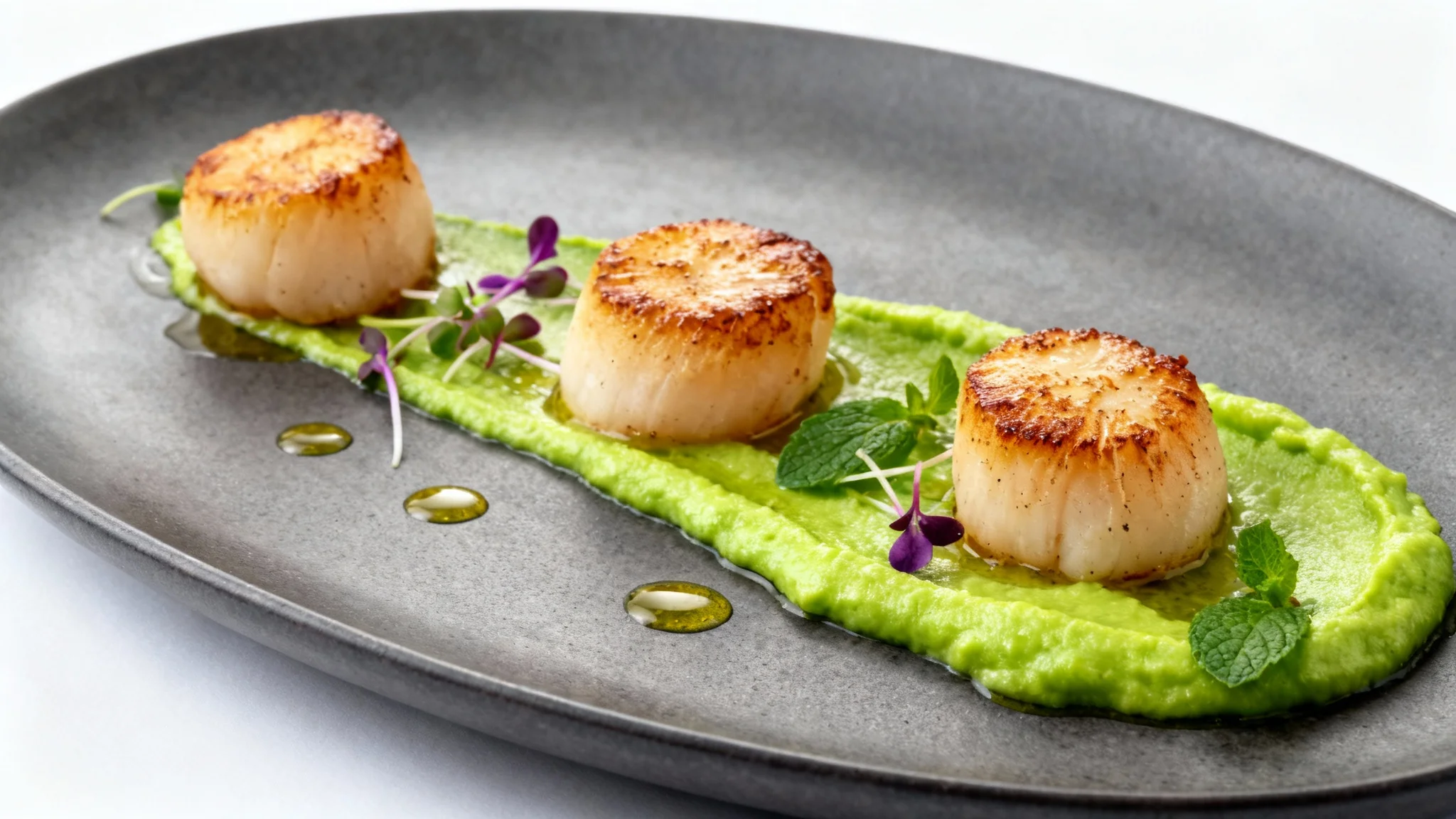 A beautifully plated gourmet dish of seared scallops on a dark plate, with a bright green purée swoosh and delicate microgreens, presented against a clean white background.