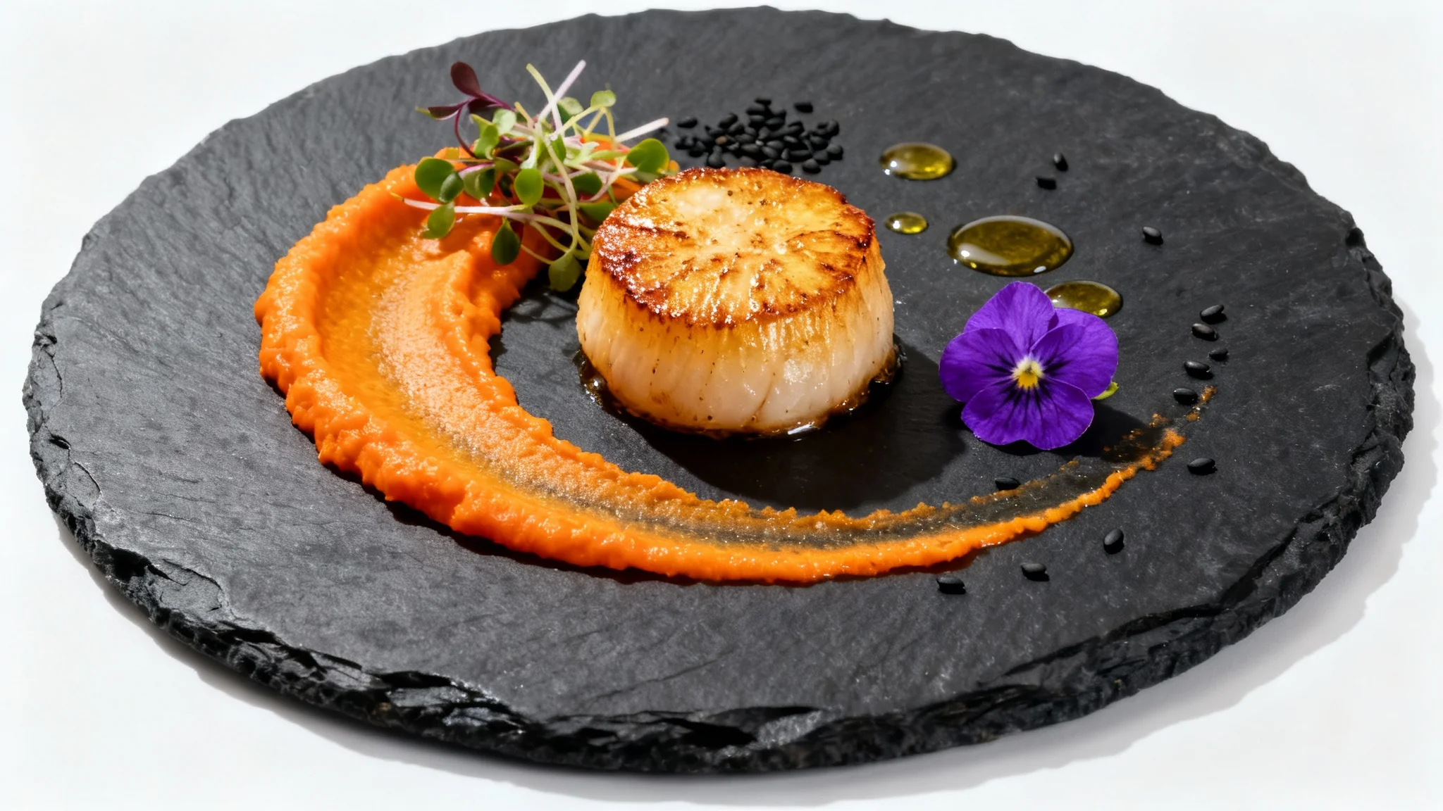 An overhead view of a gourmet-plated seared scallop on a black slate, artistically arranged with orange puree, microgreens, and an edible flower, set against a plain white background.