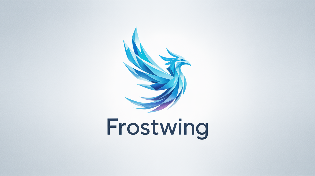 A professional logo design for a fictional company named 'FROSTWING', featuring a minimalist ice phoenix icon in shades of blue and white, presented on a light grey background.