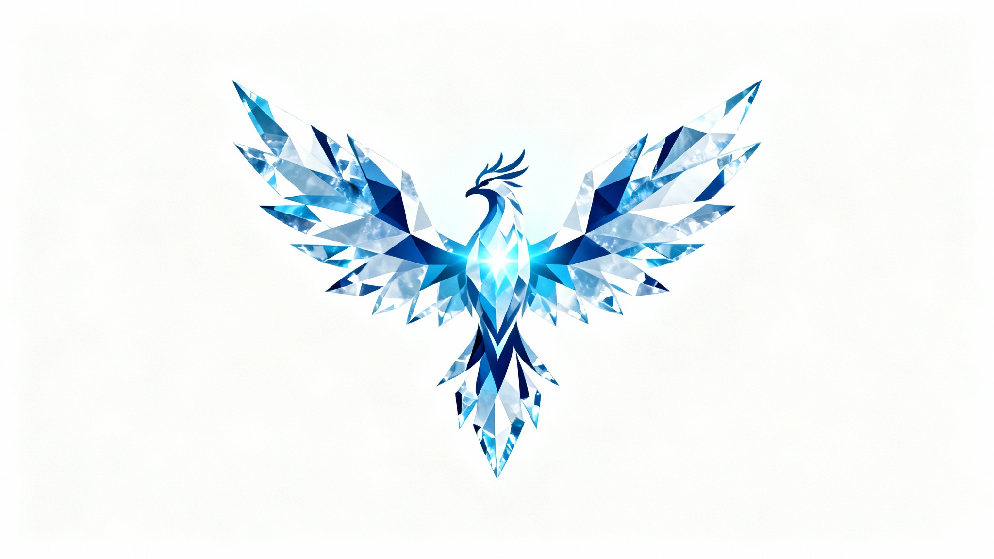 A modern logo of a majestic phoenix made from sharp, crystalline ice, in shades of blue and white, set against a plain white background.