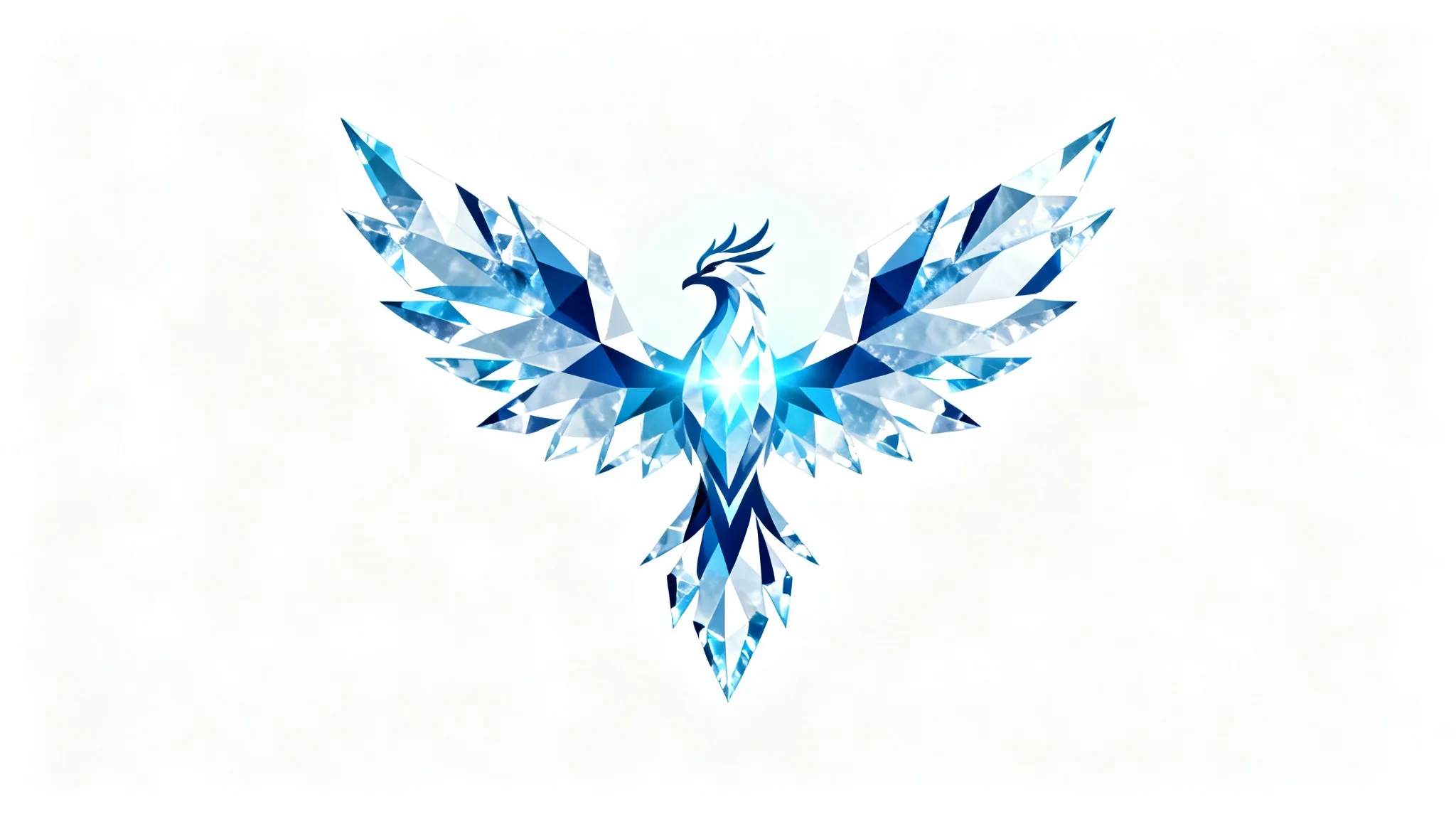 A modern logo of a majestic phoenix made from sharp, crystalline ice, in shades of blue and white, set against a plain white background.