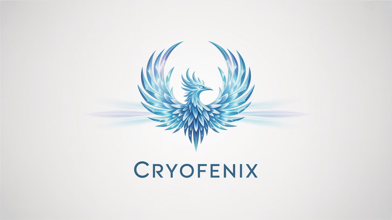 A modern logo featuring an ice phoenix made of blue and white crystals, with the word 'CRYOFENIX' written below it, on a white background.