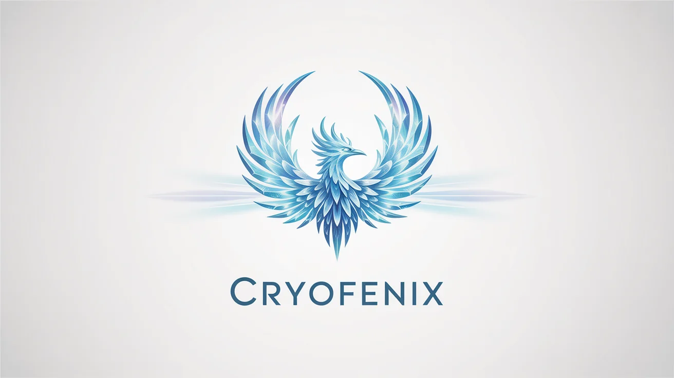A modern logo featuring an ice phoenix made of blue and white crystals, with the word 'CRYOFENIX' written below it, on a white background.
