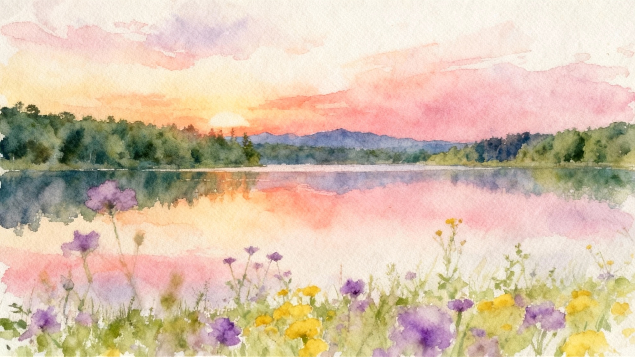 A beautiful watercolor painting of a serene lake at sunset, the result of a digital effect. The water reflects the pink and orange sky, with green trees and distant mountains in the background and vibrant wildflowers in the foreground.