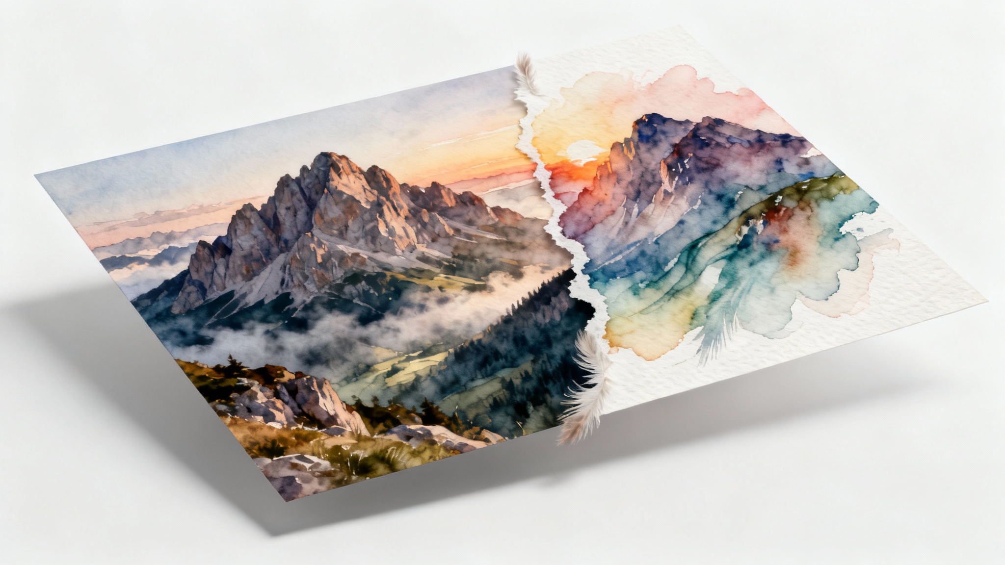 A conceptual image showing a mountain scene split in two: the left side is a photorealistic image, and the right side is a vibrant watercolor painting of the same scene, illustrating a photo-to-watercolor effect.