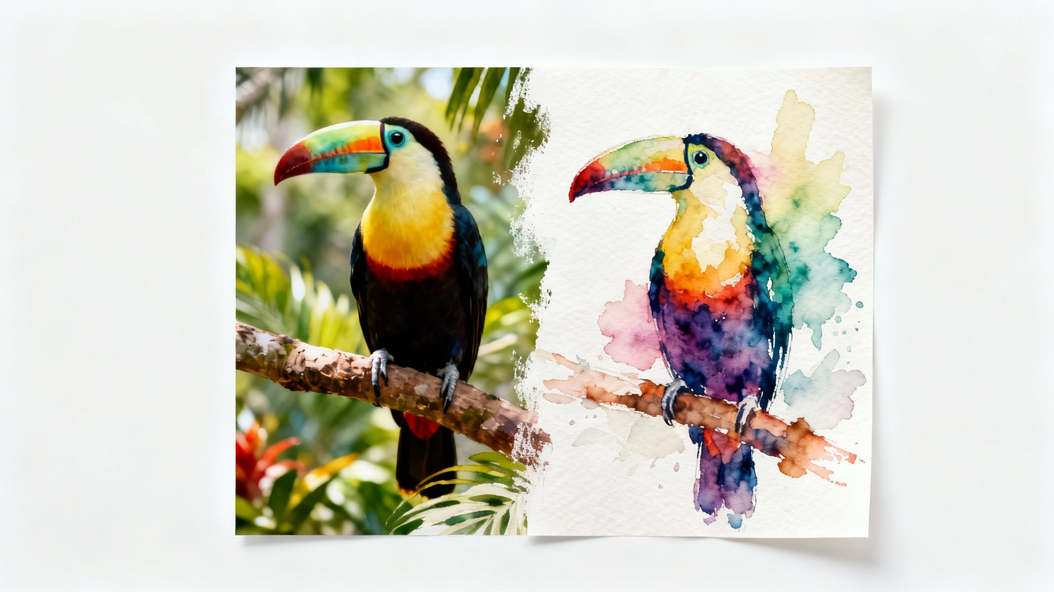 A mockup demonstrating an image-to-watercolor effect, showing a photo of a toucan on the left seamlessly blending into a watercolor painting of the same toucan on the right.