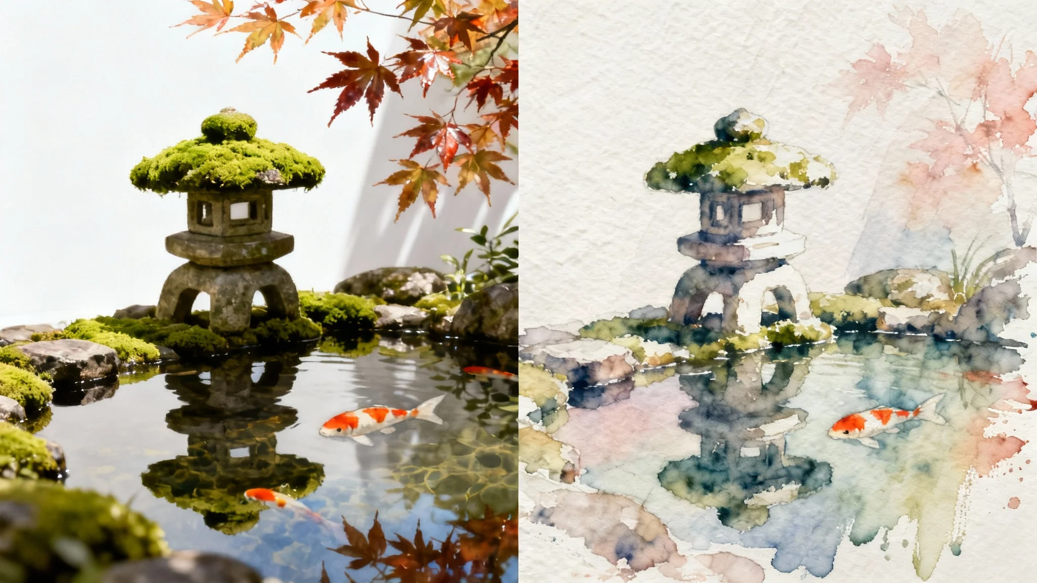 A before-and-after image demonstrating an image-to-watercolor effect. The left side is a photograph of a Japanese garden, and the right side is the same scene rendered as a watercolor painting.