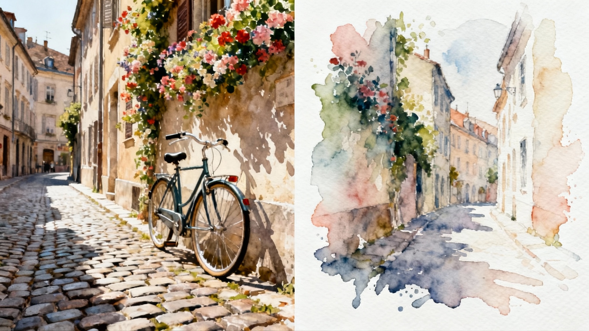 A split-image comparison demonstrating a photo-to-watercolor effect. The left side shows a realistic photo of a bicycle on a cobblestone street, while the right side shows the same scene as a soft watercolor painting.