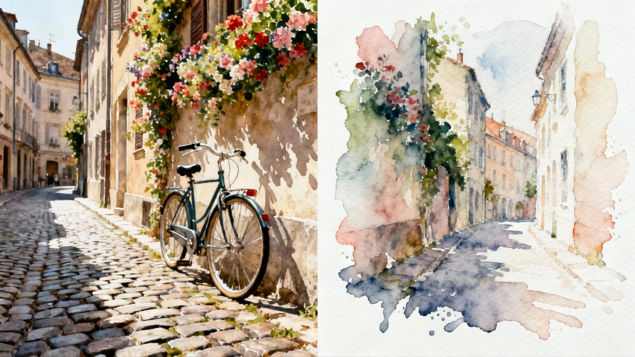 A split-image comparison demonstrating a photo-to-watercolor effect. The left side shows a realistic photo of a bicycle on a cobblestone street, while the right side shows the same scene as a soft watercolor painting.