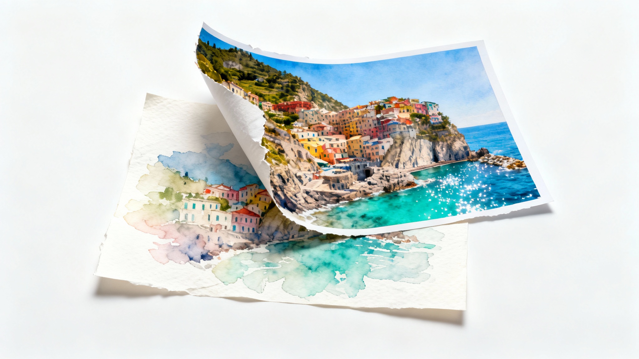 A visual representation of an image-to-watercolor effect, showing a photo of a coastal village peeling away to reveal a watercolor painting of the same scene underneath.