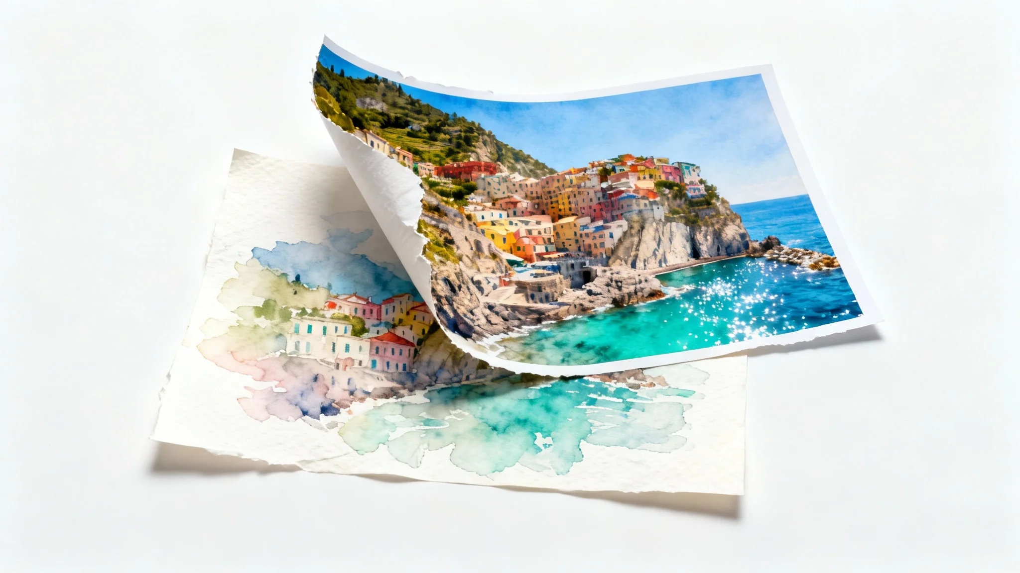 A visual representation of an image-to-watercolor effect, showing a photo of a coastal village peeling away to reveal a watercolor painting of the same scene underneath.