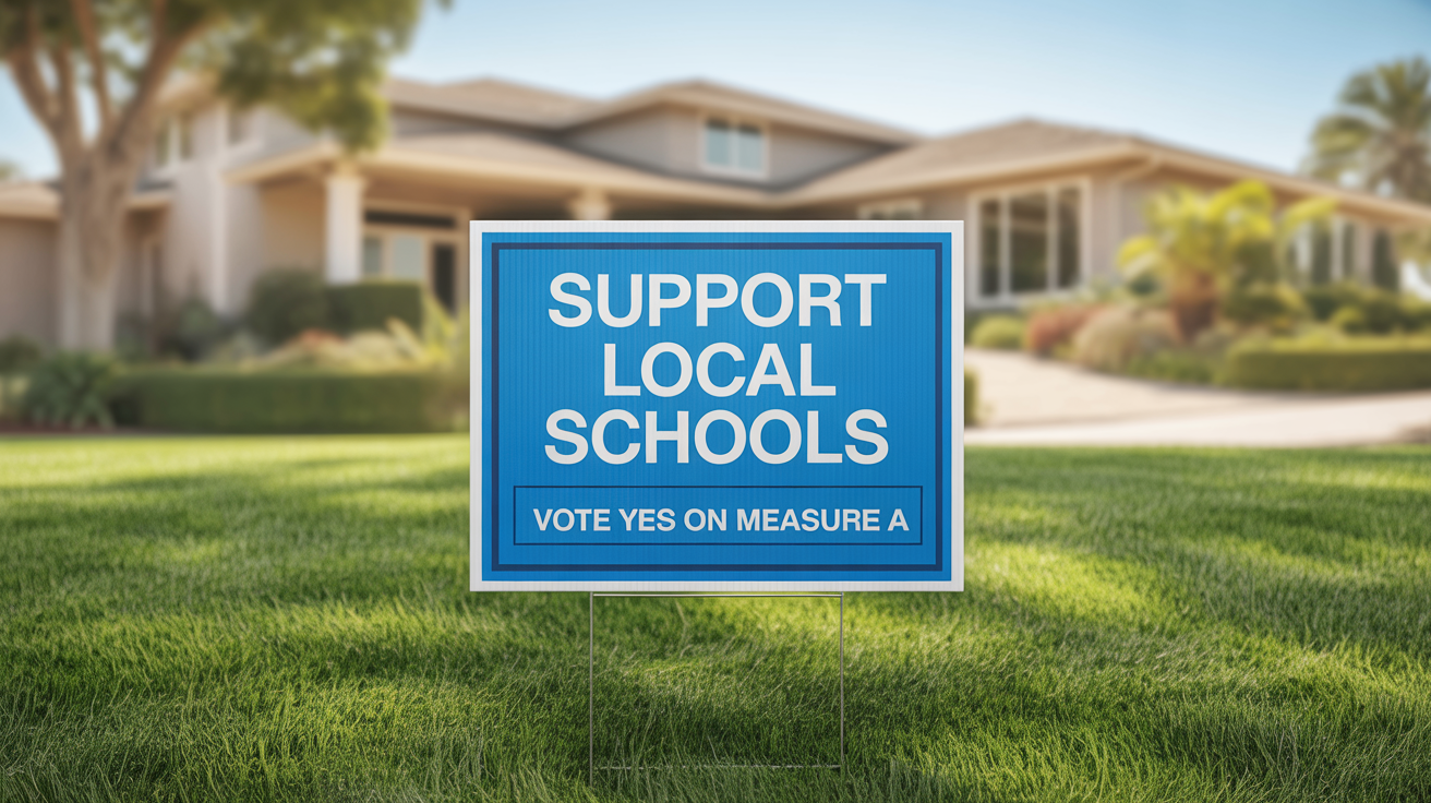 A professionally printed blue yard sign on a green suburban lawn, with the text 'Support Local Schools' and 'Vote Yes on Measure A'. The house in the background is softly blurred.