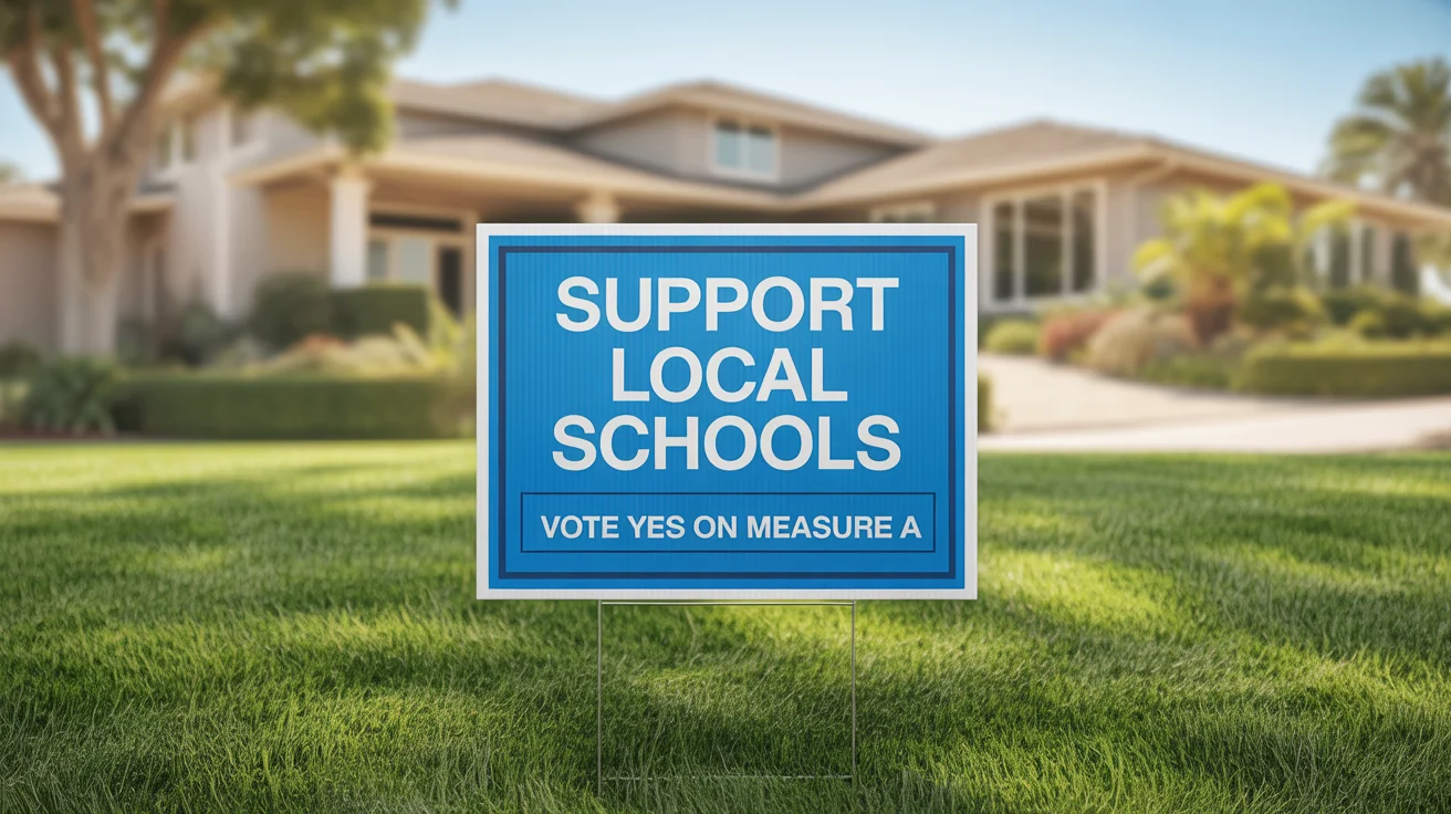 A professionally printed blue yard sign on a green suburban lawn, with the text 'Support Local Schools' and 'Vote Yes on Measure A'. The house in the background is softly blurred.